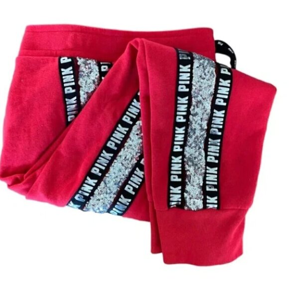 VS PINK Victoria’s Secret Red Bling Silver Sequin Joggers Pants Women’s Small - Picture 6 of 16